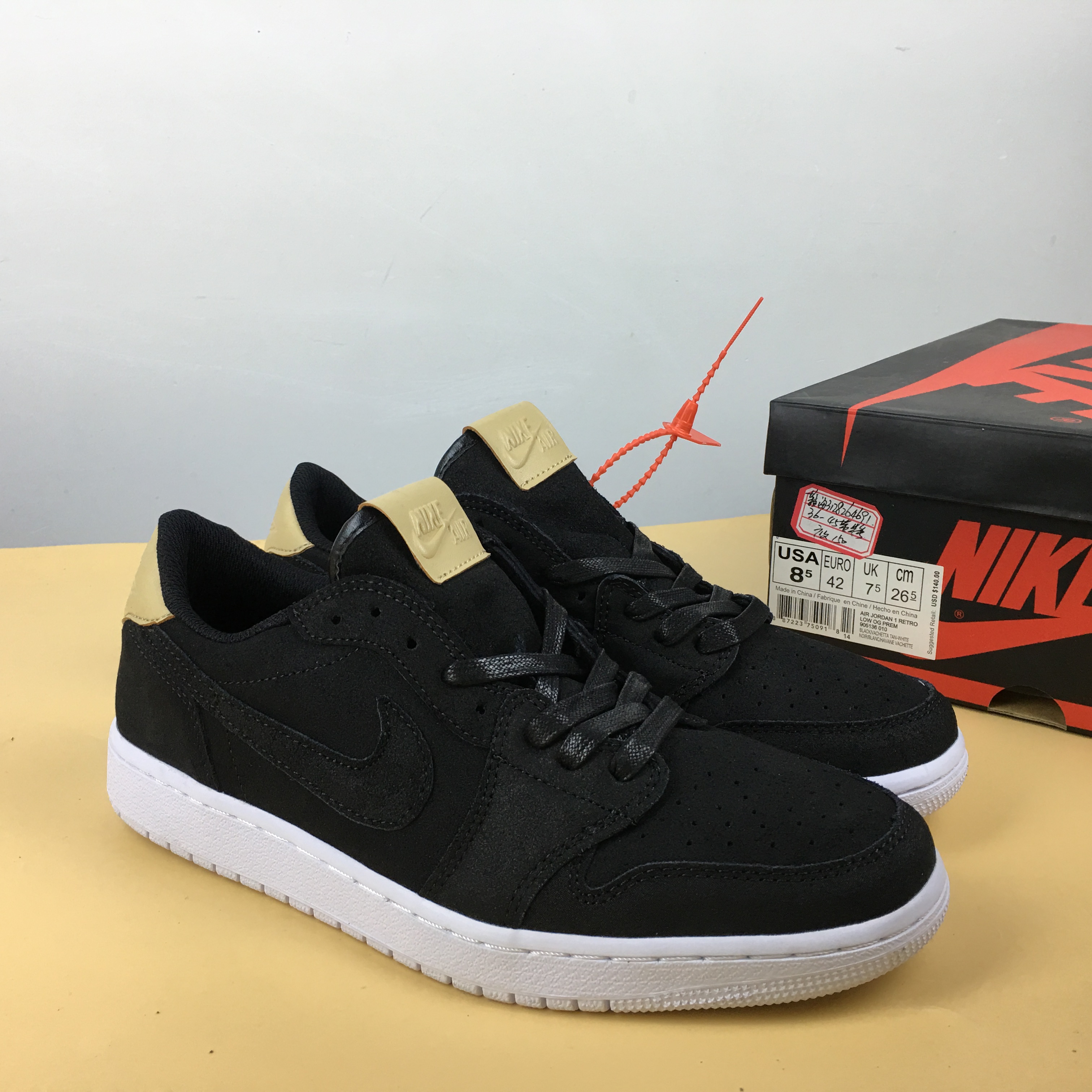 Air Jordan 1 Low “Tan” PRM Suede Black White Shoes - Click Image to Close